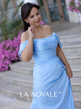 Ruched waist A-line satin evening dress in sky blue
