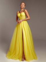 Canary yellow tulle prom dress with slit