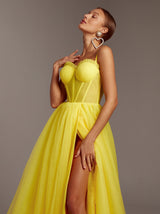 Canary yellow tulle prom dress with slit