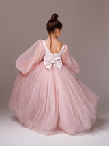 Balloon Sleeve blush Flower girl ball gown dress with beads
