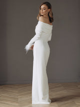Bardot neck pencil wedding dress with full sleeves