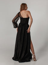One shoulder sparkle black evening dress