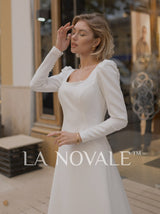 Modest crepe wedding dress with full sleeves