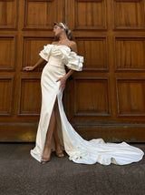 glamorous satin bridal gown with chapel train
