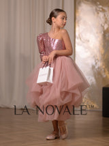 Girls whimsical one shoulder sequin and tulle pageant dress