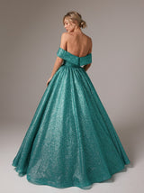 Off shoulder sparkle prom ball gown dress