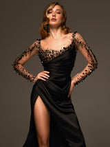 Asymmetric Neck Long Sleeve Evening Gown in Black