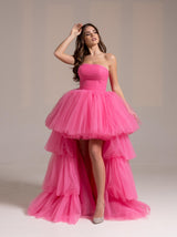 lace up bandeau tulle prom dress with high low skirt