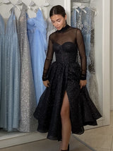 Sparkle evening dress with high neck sheer top