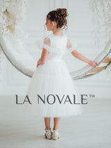 Ballerina length Communion dress with pleated tulle cape