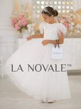 Elegant velvet mini bride dress with pearls and feathers