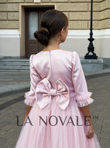 Modest junior bridesmaid dress with elbow sleeves