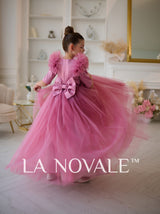 Full length mauve flower girl dress with half sleeve