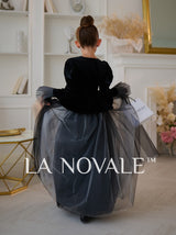 Black and white velvet flower girl dress for winter ceremony