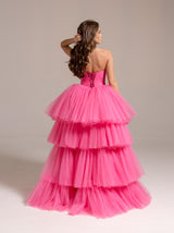 lace up bandeau tulle prom dress with high low skirt