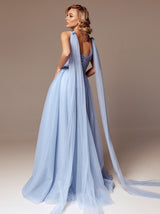 Tie shoulder tulle evening dress with pleated corset