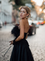 Feather Trim Strapless Evening Gown