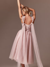 Tie shoulder tea length coctail dress in tulle