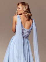 Tie shoulder tea length coctail dress in tulle