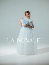 light blue modest flower girl dress with French lace capelet