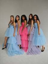 lace up bandeau tulle prom dress with high low skirt