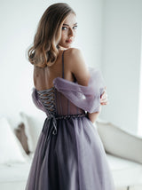 Lace up corset tulle coctail dress with beaded pull on sleeves