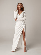 Long sleeve ruched column wedding dress