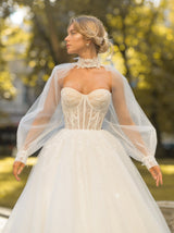 Botanical lace bustier wedding dress with pleated shawl