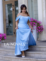 Ruched waist A-line satin evening dress in sky blue