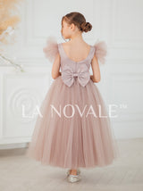 Ankle length flower girl dress with flutter sleeves