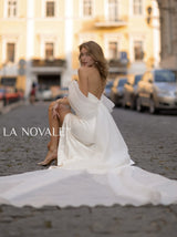 modern off-the-shoulder sheath satin wedding dress