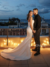 form fitting satin bridal gown with cat eye neck