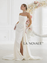 scoop neck pleated satin bridal gown