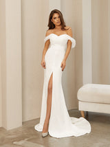 Fit and flare wedding dress with pull-on sleeves