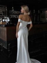 Off shoulder crepe wedding dress with pull on sleeves