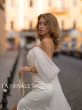 modern off-the-shoulder sheath satin wedding dress