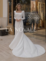 Modest crepe wedding dress with full sleeves
