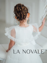 Ballerina length Communion dress with pleated tulle cape