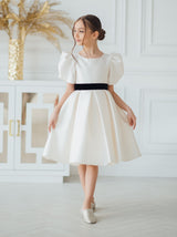 Modest flower girl dress with short puff sleeves