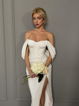 off shoulder corset ruched wedding dress