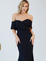 Off shoulder bustier crepe wedding dress