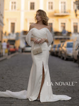 modern off-the-shoulder sheath satin wedding dress