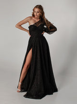 One shoulder sparkle black evening dress