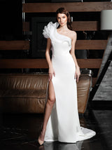 One shoulder backless satin wedding dress