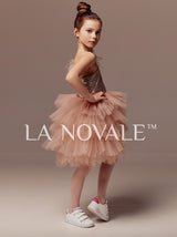 One shoulder short flower girl dress with tiered skirt