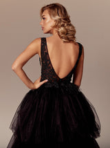 Tiered skirt illusion evening gown in black