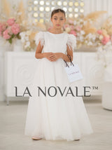 Elegant velvet mini bride dress with pearls and feathers