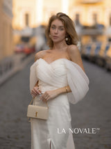 modern off-the-shoulder sheath satin wedding dress