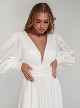 cummerbund satin wedding dress with Bishop sleeve