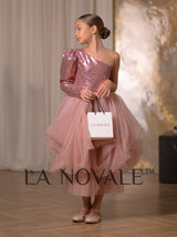 Girls whimsical one shoulder sequin and tulle pageant dress